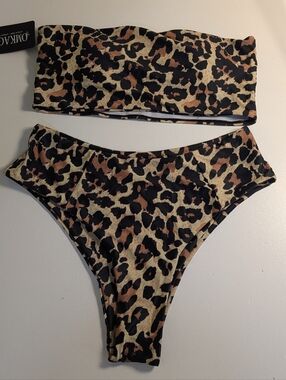 OMKAGI Women's 2 Pieces Bandeau Bikini Swimsuits Off Shoulder High Waist Leopard